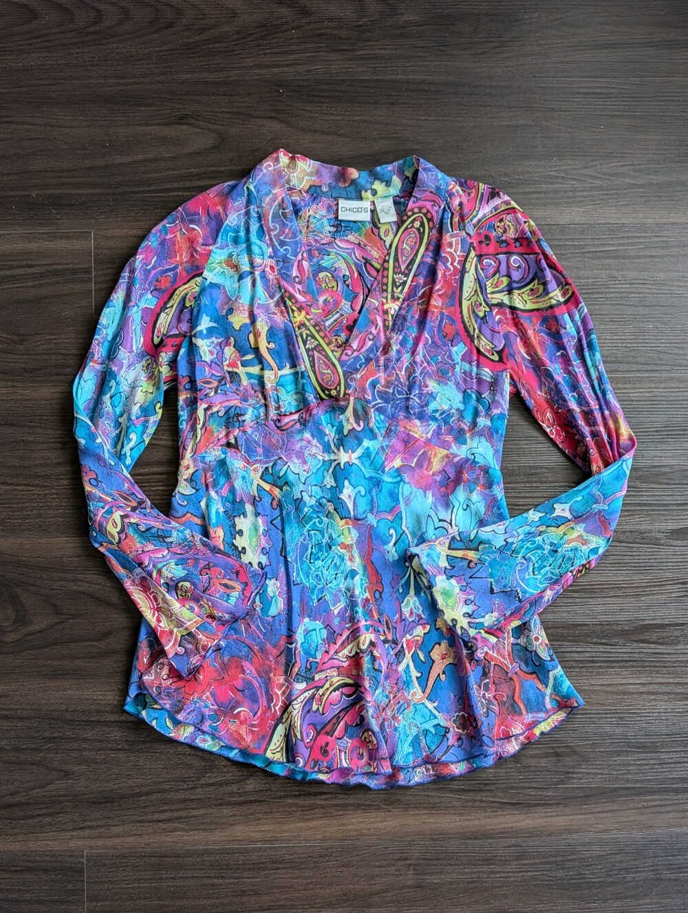 Chico's 100% Silk Sheer Paisley Top Maximalist Whimsy Going Out Fall Medium